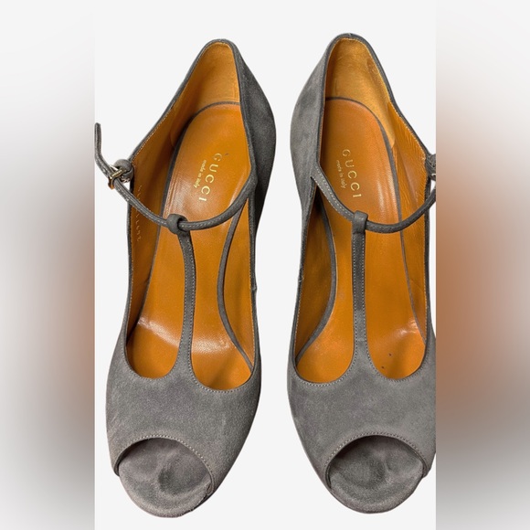 GUCCI T- Strap Platform Grey Suede Peep Toe Pumps - Size IT 37.5 | US 7.5 - Picture 10 of 16